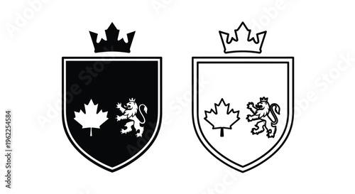 Two heraldic shields featuring a maple leaf and lion with crowns