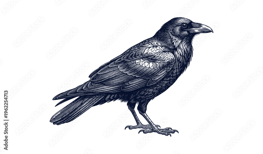 Obraz premium Detailed monochrome sketch of a perched raven with intricate feather patterns