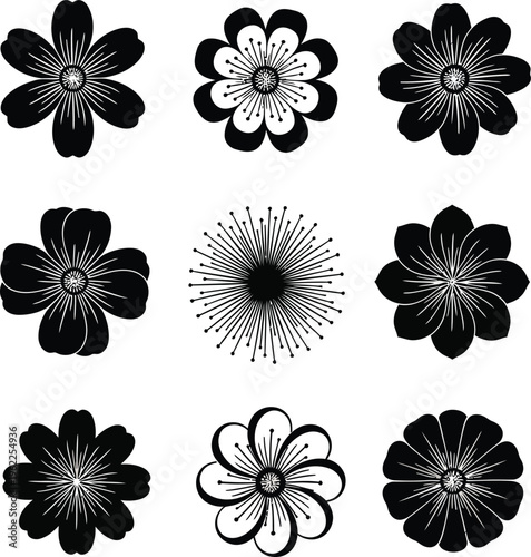 Nine black and white stylized floral on white background flower symbol silhouette