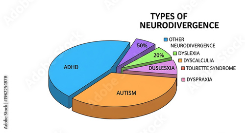 A colorful pie chart illustrating the different types of neurodivergence in a clear and concise manner.