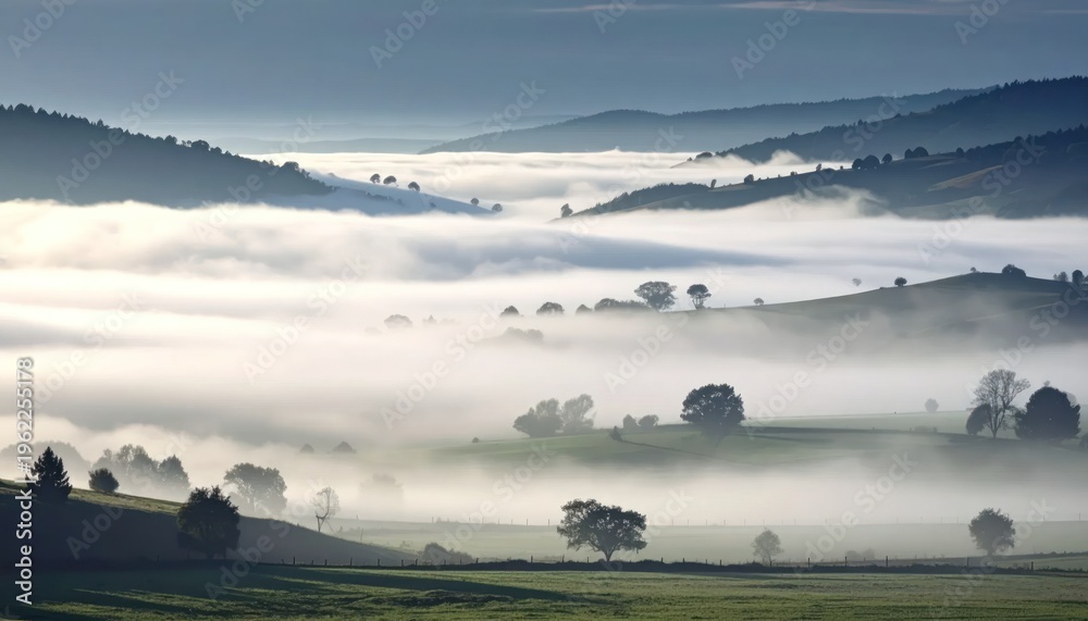 Naklejka premium Misty Landscape with Trees and Hills.