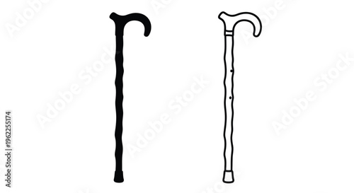 Two simplistic drawings of walking canes in contrasting styles