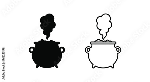 Two cauldron icons one filled one outlined both with steam