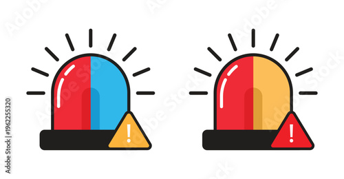 Emergency siren with warning icons set, alert signal symbols with caution signs