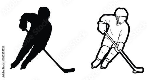 Hockey player silhouettes and line art depict action on ice