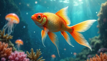 Golden goldfish swims in clear blue ocean water near colorful coral reef. Small jellyfish float by. Sun rays shine through the sea surface. Aquatic life.