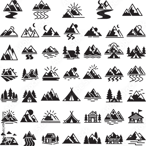 mountain icons set, hills, forest, wood, trees, rivers, lakes, nature landscape icons collection