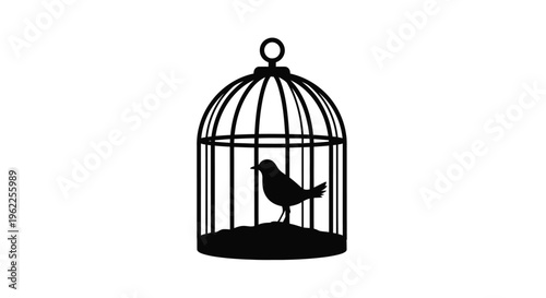 A black silhouette of a bird perched inside a rounded cage
