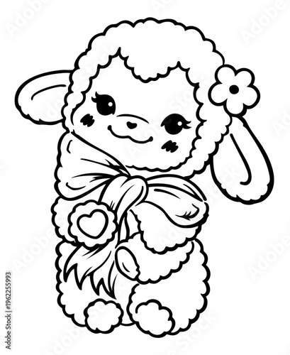 Kawaii sheep standing with big eyes blush cheeks and flower on ear, fluffy chibi lamb cute cartoon character