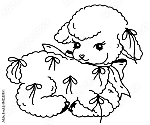 Fluffy sheep lying with multiple ribbon bows on wool, decorative lamb with tied bows on body cute animal
