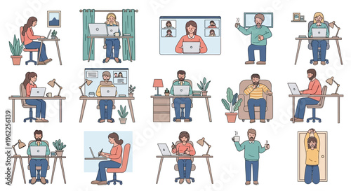 Diverse individuals working from home and engaging in online meetings.