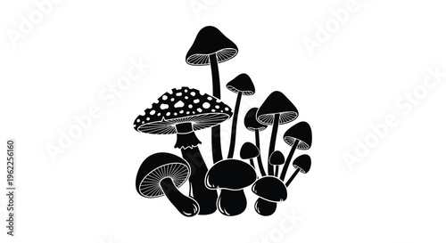 A collection of stylized black and white mushrooms in a cluster