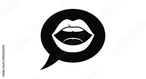 A stylized black and white illustration of open lips within a speech bubble