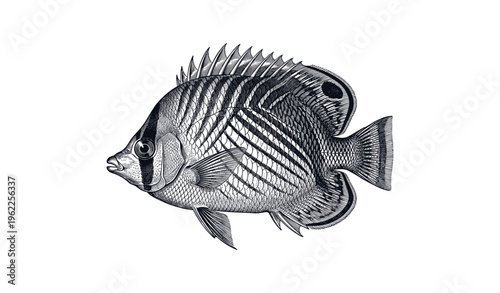 Detailed engraving of angelfish with distinctive stripes and fins in black ink