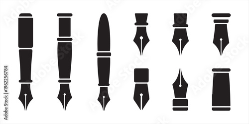 Flat fountain pen icon black silhouette vector illustration isolated on a clear background. Simple black silhouette icon representing a classic writing instrument such as a ballpoint pen or fountain. 