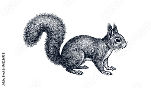 Intricate black and white illustration of squirrel with bushy tail