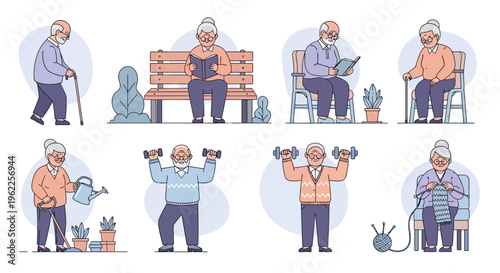 Elderly people engaged in various activities, showcasing active and healthy senior lifestyles.