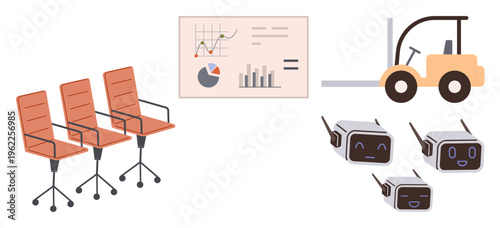 Workplace innovation, industrial automation, robotics, logistics, technology in industry, data visualization. Office chairs, forklift robots data chart. Workplace innovation and industrial
