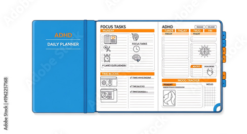 A blue ADHD daily planner with a focus tasks page and a clean design