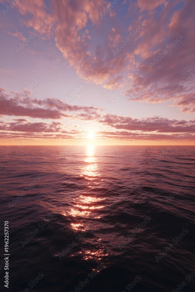Obraz premium Peaceful sunset over calm ocean waters with a few clouds.