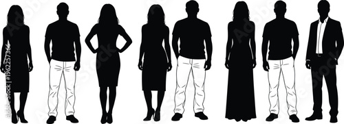 Human silhouette vector, diverse people outline, male female figures, group teamwork concept, social representation art, formal attire flat vector