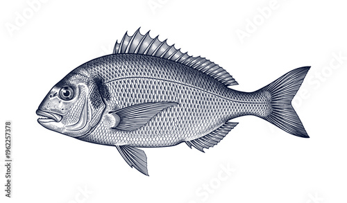Detailed line art of a bream fish with intricate scale pattern
