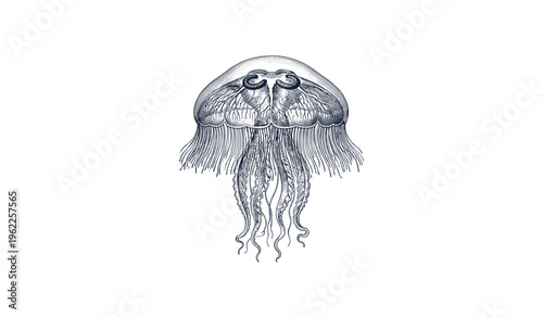 Intricate jellyfish drawing with detailed tentacles on white background