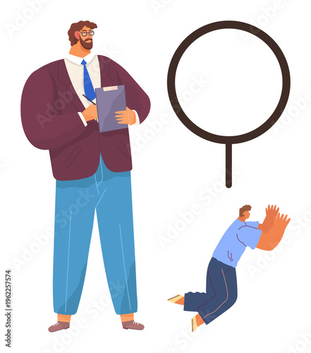 Business communication, leadership, social hierarchy, workplace dynamics, teamwork, information exchange. A large figure holding a clipboard, smaller figure kneeling with hands raised. Business