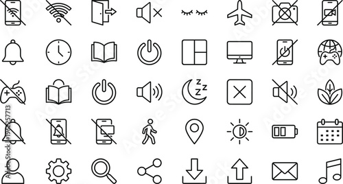 User Interface Line Icon Set with Notifications, Power Buttons, Sound Controls, Mobile Features, Location, Download Upload and Device Settings Outline Vector Collection