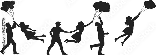 Romantic couple flying with balloons vector set, silhouette people in love for wedding and engagement