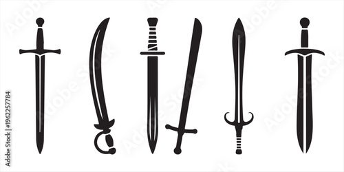 Swords in flat style and silhouettes isolated on white background. Icon set of ancient swords. Vector illustration. Medieval swords. Japanese sword katana. Military sword ancient weapon design silhoue