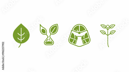 Four stylized green line art icons depicting leaves and plant-related elements, on a white backdrop