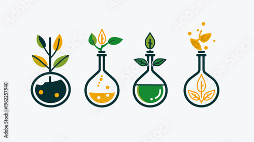 Four stylized chemical flasks, each holding a different plant or leaf-related element