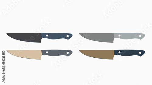Four stylized kitchen knives with varying color schemes. Blades and handles depicted