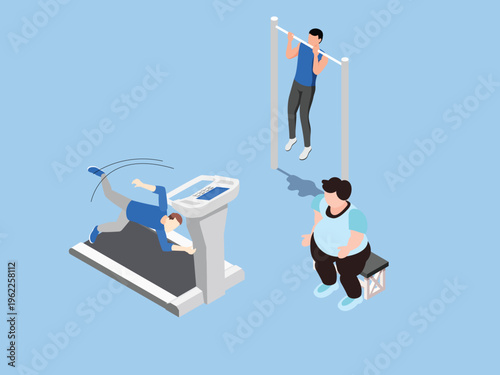 Gym Concept with Man Falling on Treadmill, Pull-ups, and Overweight Person Beginning Workout 3d isometric vector illustration