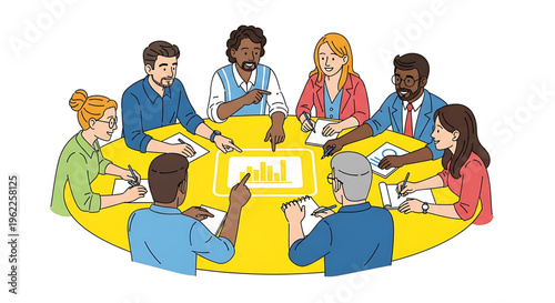 A diverse group of business professionals gathered around a yellow table discussing and analyzing data on a digital screen