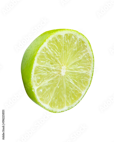 Front view of fresh green lemon half in circle shape isolated on white background with clipping path