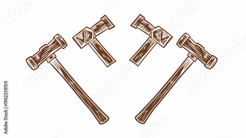 Illustration of four wooden gavel tools arranged against a blank white backdrop