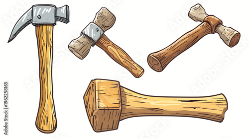 Colorful illustrated set of various hammers isolated on a white background. Hand tools