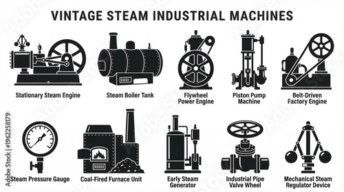 Collection of Vintage Steam Industrial Machines and Equipment Illustrations