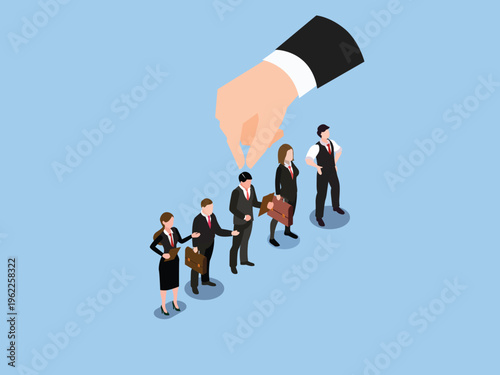 Giant Hand Choosing Candidate from Row of Business People, Isometric Recruitment and Hiring 3d isometric vector illustration