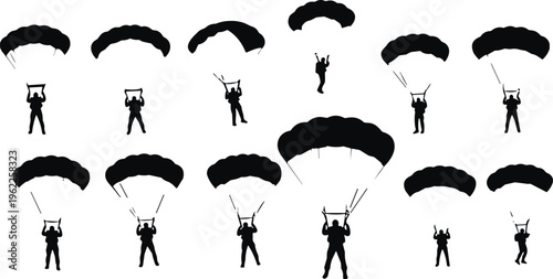 Skydiver and paraglider silhouette set, people jumping with parachutes in various poses, extreme sports and skydiving adventures vector illustrations, isolated..