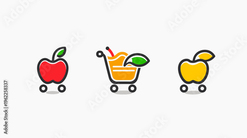 Three stylized shopping cart icons, one an apple, one with a drink, and the other a yellow fruit