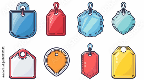 A collection of various colorful, cartoon-style price tags and labels with rope attachments