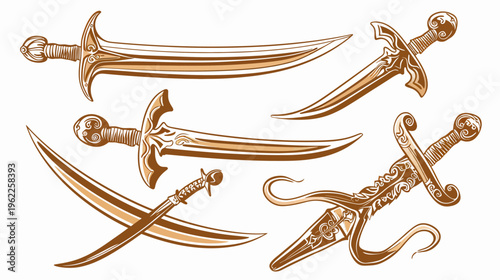 Stylized illustration of various decorative swords and daggers in brown and cream hues