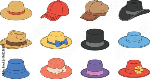 Set of colorful hats vector illustration, featuring baseball cap, cowboy hat, fedora, sun hats, and bucket hat icons, isolated headwear fashion accessories collection.