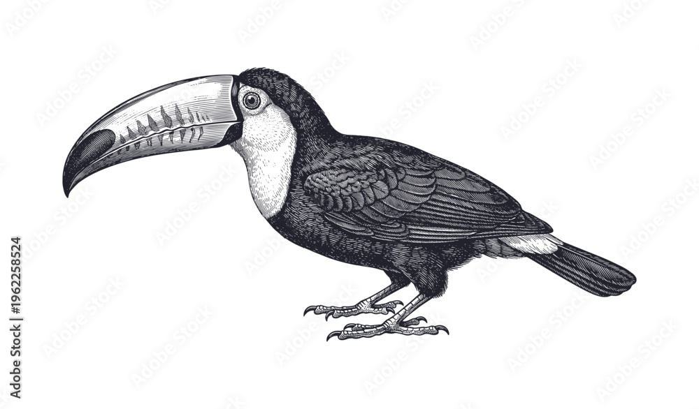 Naklejka premium Intricate hand-drawn toucan illustration with detailed plumage and large beak