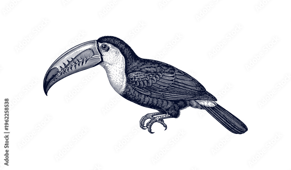 Fototapeta premium Detailed monochrome illustration of a toucan with prominent beak and feathers