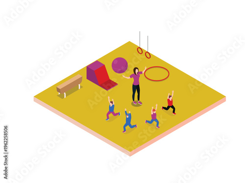 Children Gymnastics Class with Female Instructor and Sports Equipment 3d isometric vector illustration