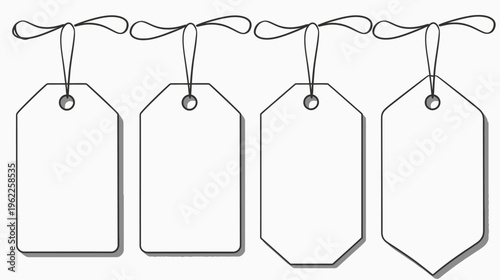 Four different shaped blank tags with string attached, suitable for any crafting or design purpose